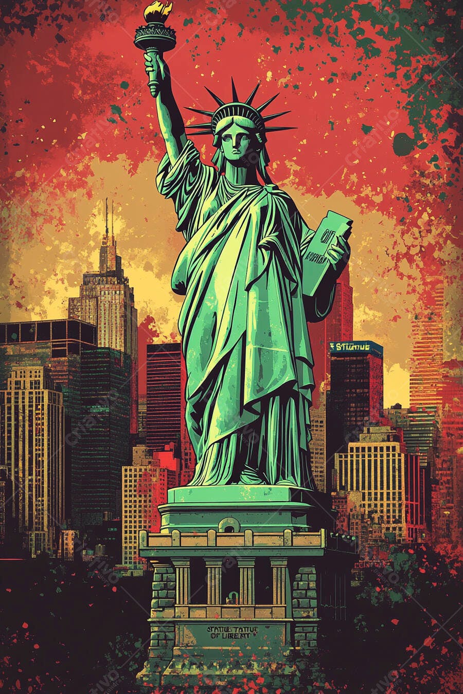 Estátua da Liberdade estilo pop art com arranha-céus em Nova York vibrante