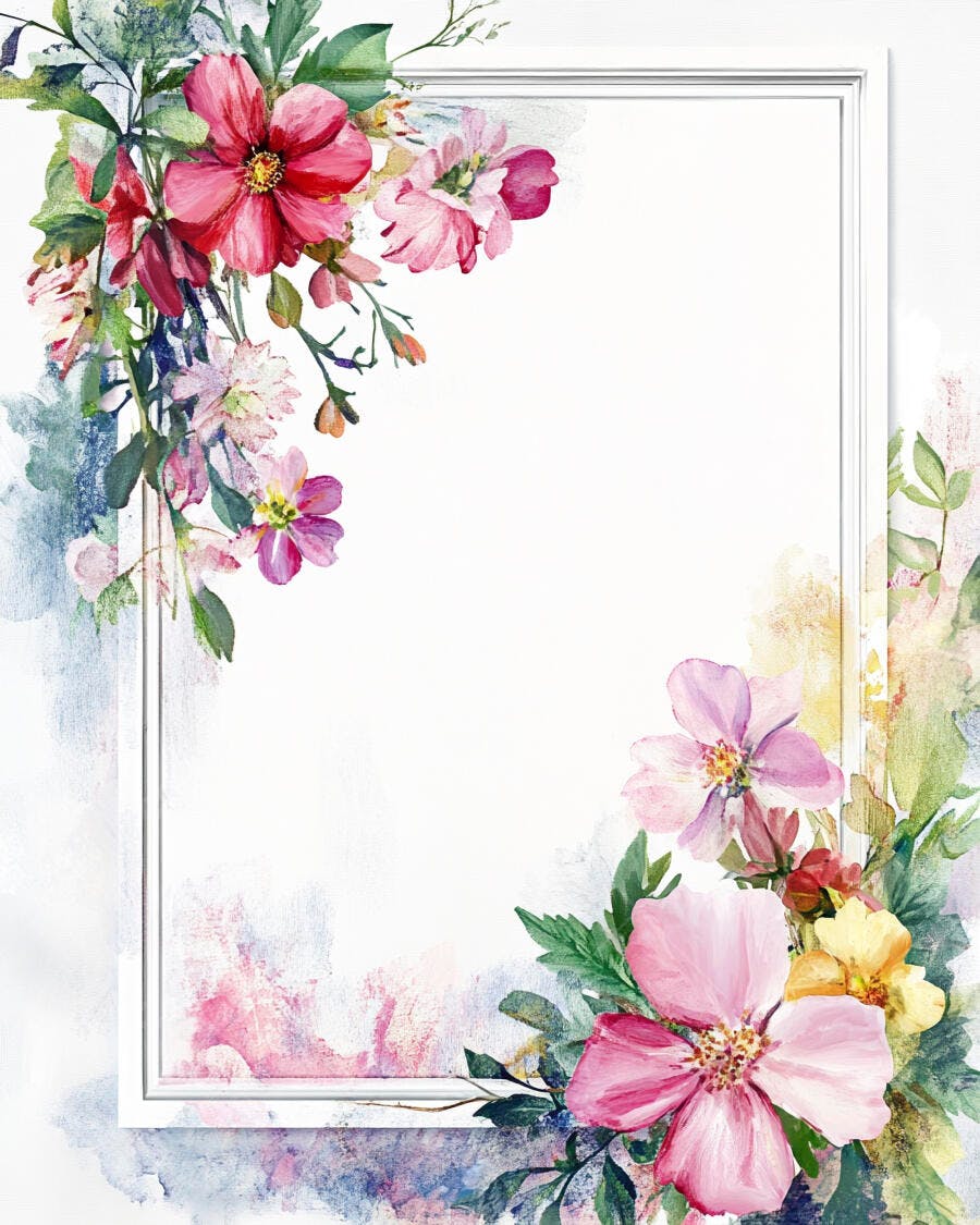 Moldura branca com flores aquarela vibrantes em rosa vermelho e verde