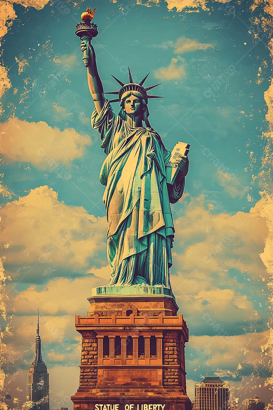 Estátua da Liberdade icônica com céu azul e nuvens em estilo vintage