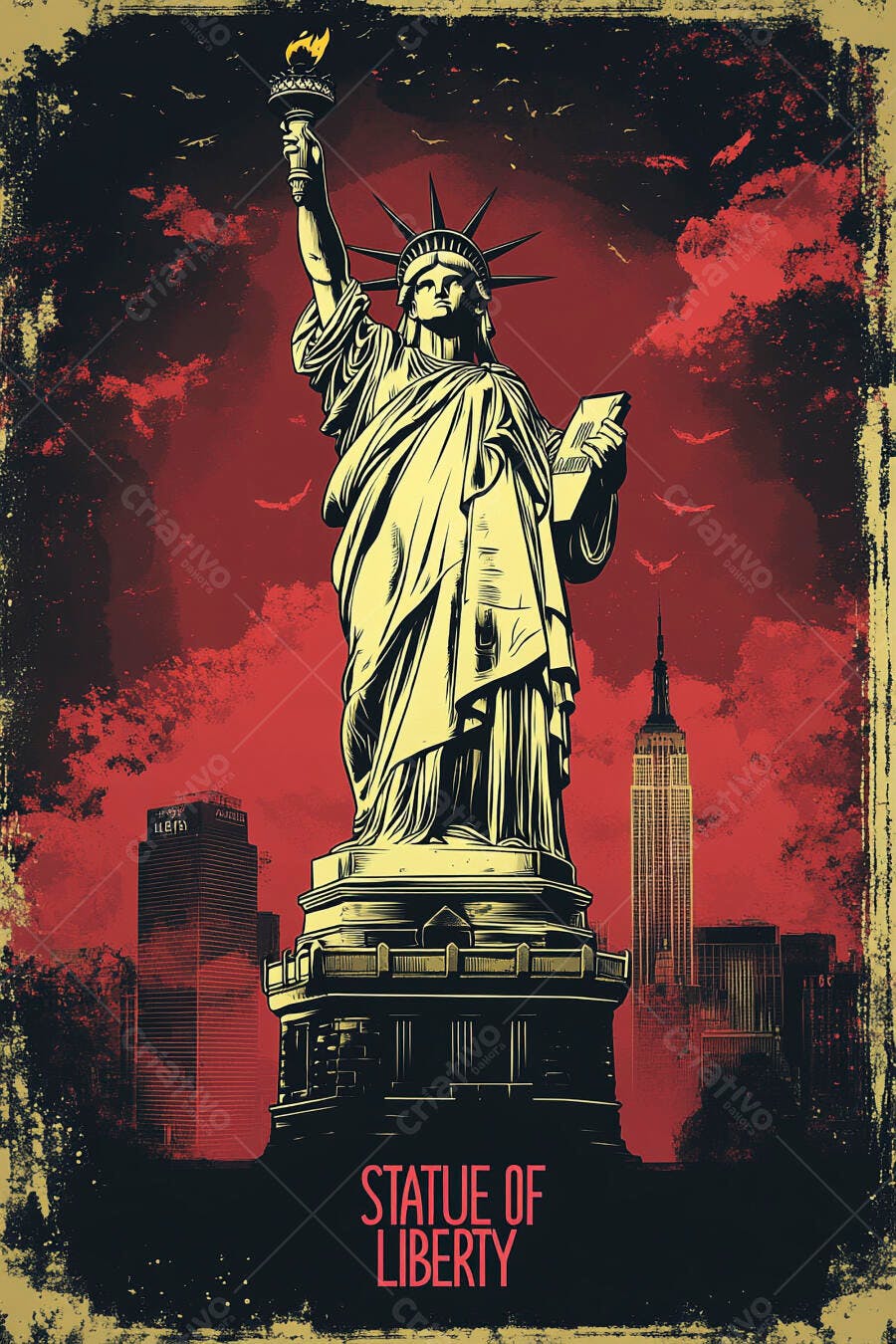 Estátua da Liberdade pop art ilustração fundo vermelho prédios Nova York