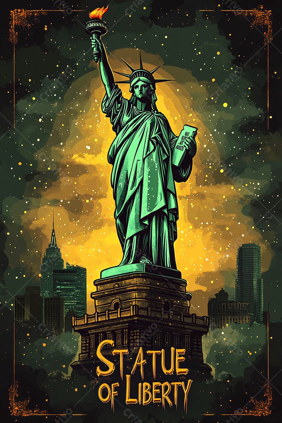 Estátua da Liberdade em Nova York com céu laranja e prédios ao fundo
