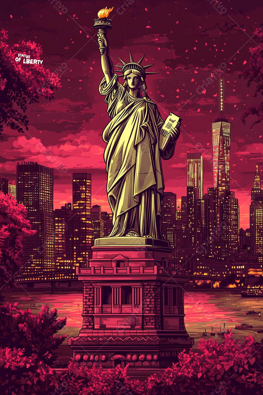 Estátua da Liberdade dourada em Nova York com céu vermelho dramático