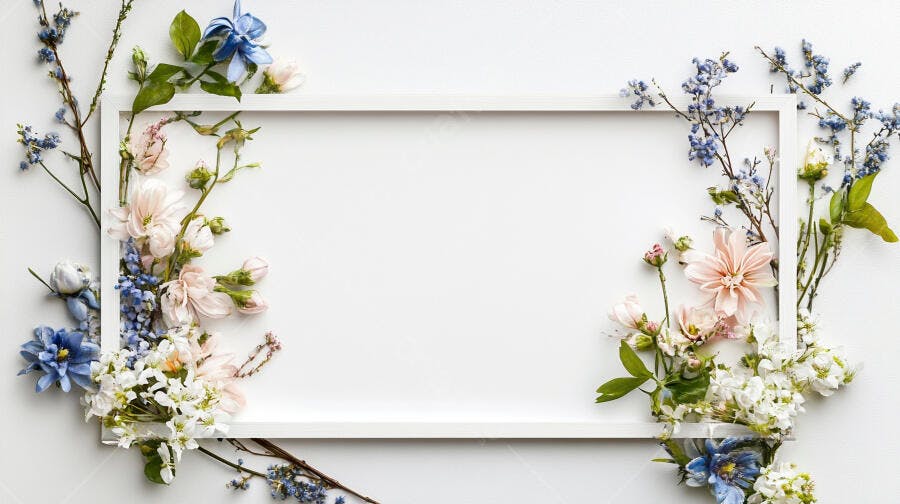 Moldura branca com arranjo floral de flores azuis e rosas primavera