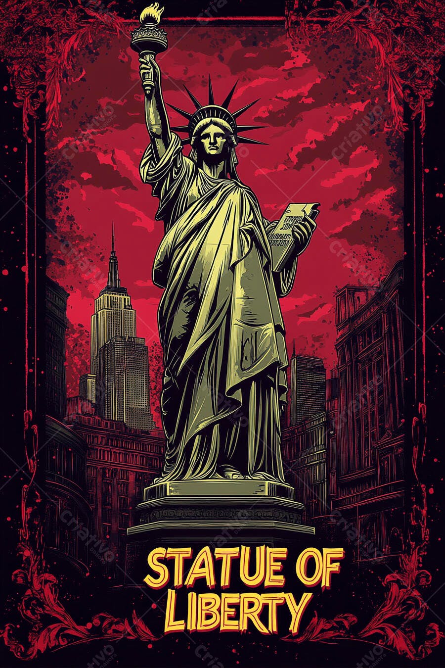 Estátua da Liberdade em estilo pop art vibrante com céu vermelho e arranha-céus Nova York