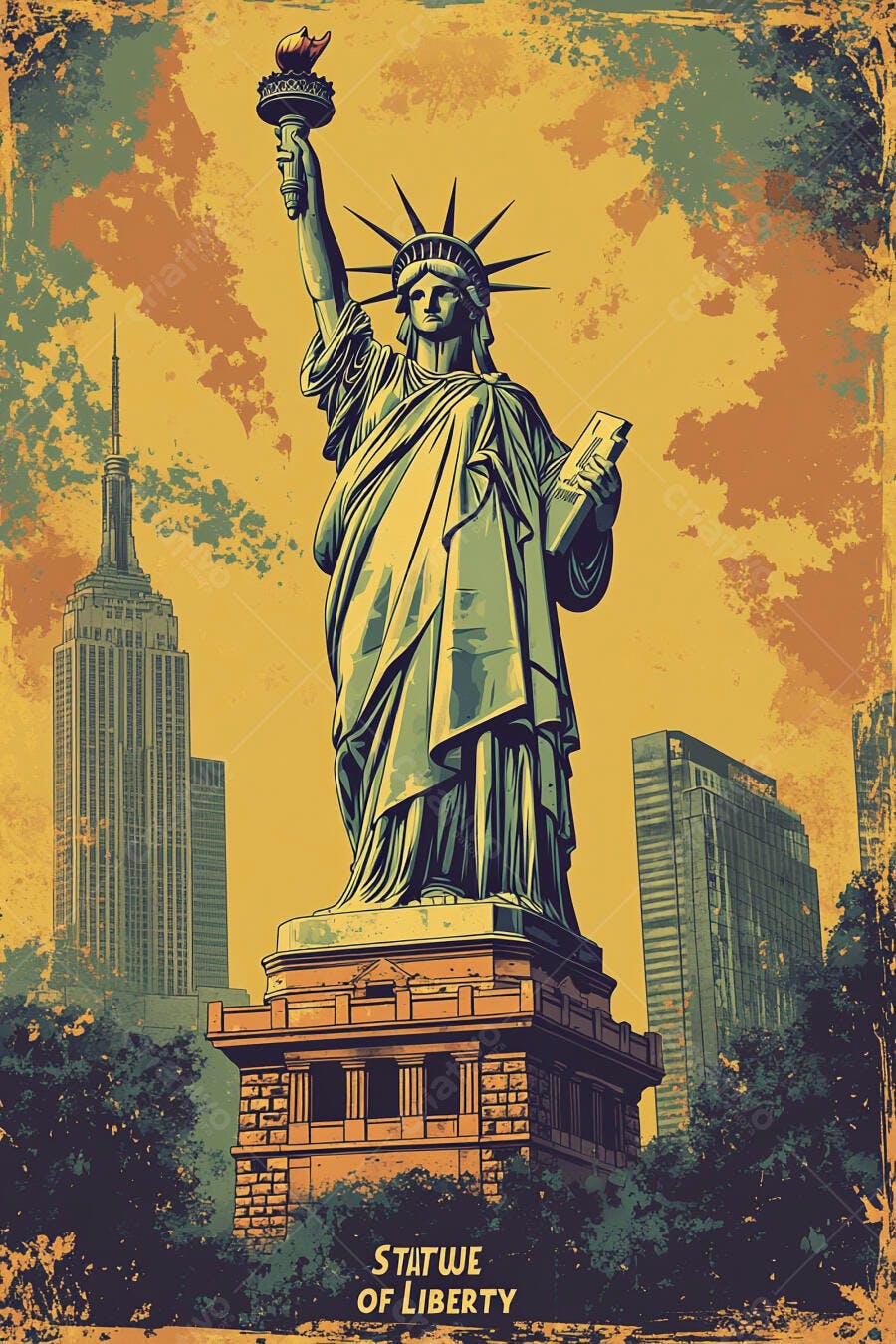 Estátua da Liberdade ilustração vintage em Nova York com Empire State Building