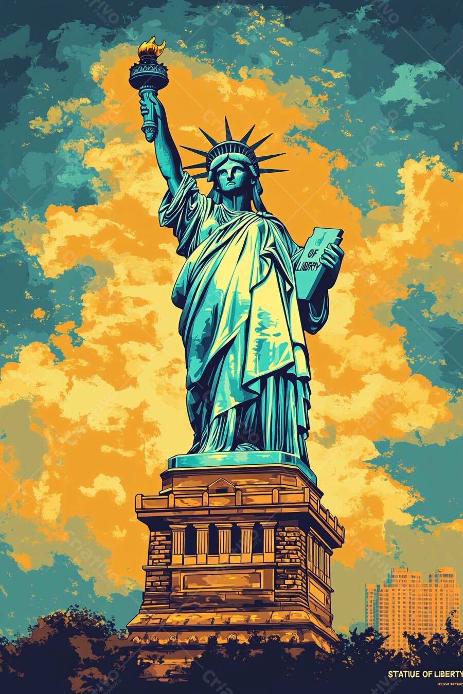 Estátua da Liberdade azul e dourada em Nova York com céu dramático ilustrado