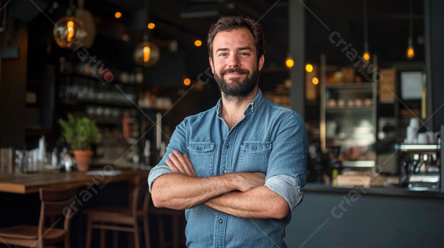 Homem barbudo sorrindo de camisa jeans azul em café moderno