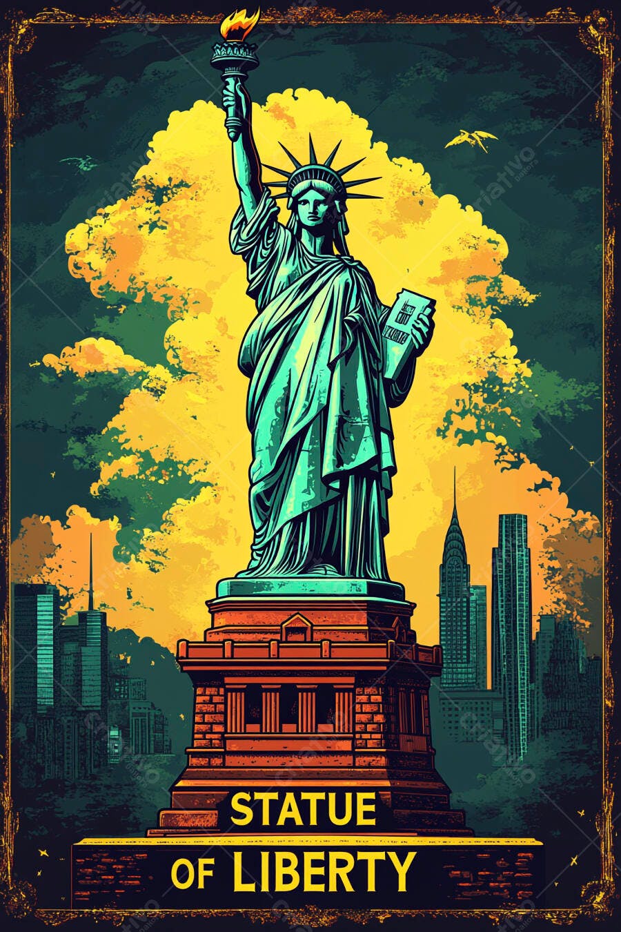 Estátua da Liberdade verde-água com céu amarelo vibrante e arranha-céus de Nova York