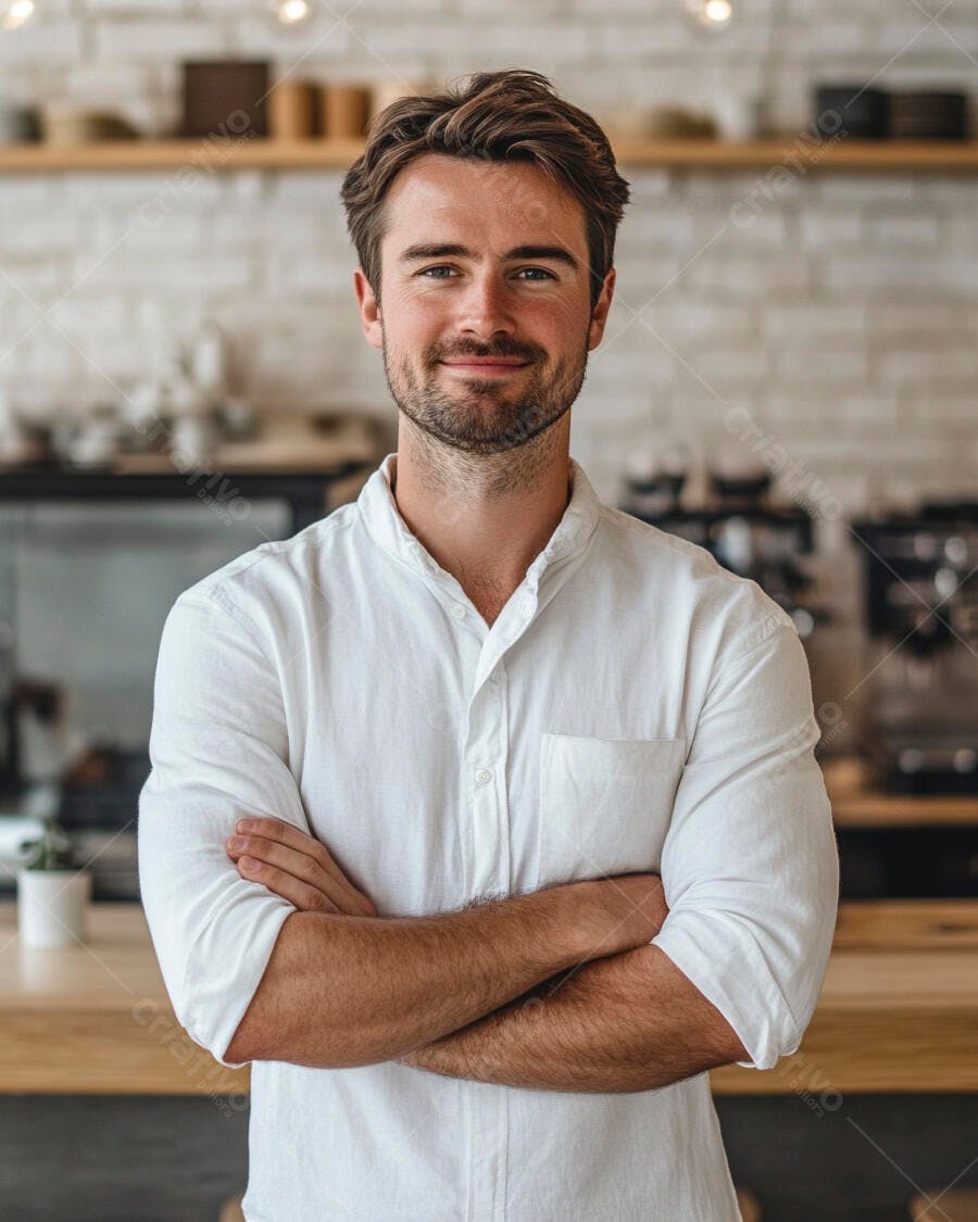 Homem caucasiano barista sorrindo de camisa branca em cafeteria moderna