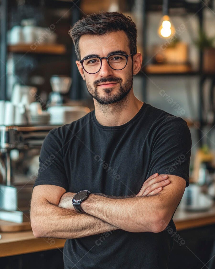 Barista homem caucasiano de óculos e camiseta preta sorrindo na cafeteria moderna