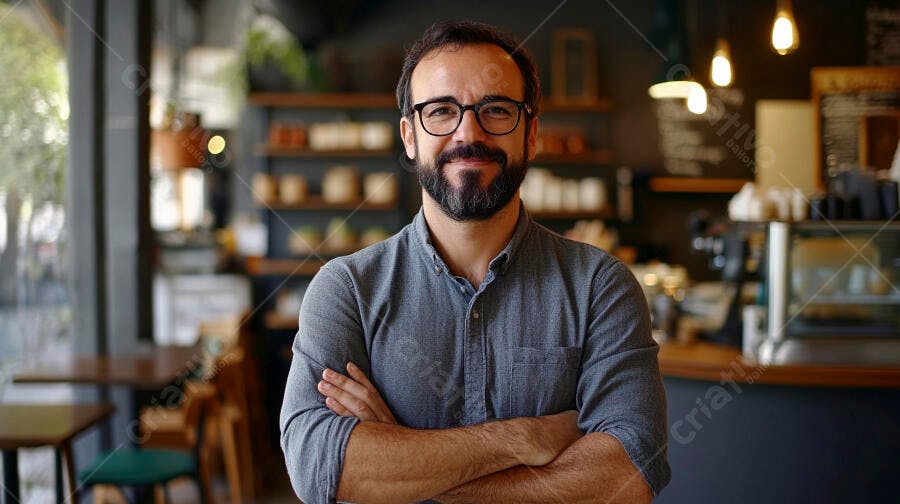 Homem barbudo sorrindo com óculos em café charmoso com braços cruzados