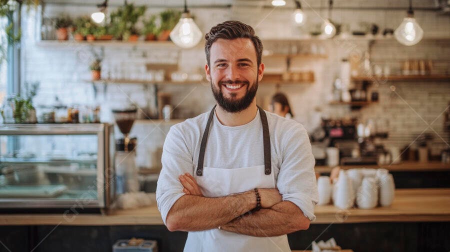 Homem barista sorrindo em cafeteria moderna com avental branco