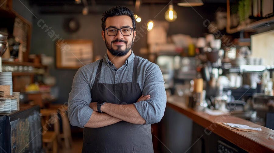 Homem barista ou dono de café sorrindo no balcão da cafeteria