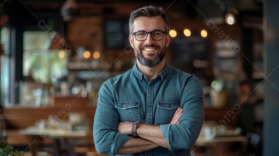Homem barbudo óculos sorrindo camisa jeans azul em café moderno