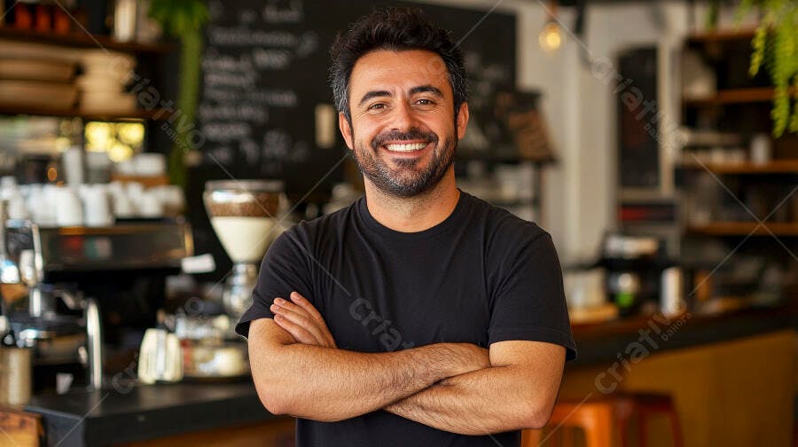 Dono de cafeteria sorridente com barba e braços cruzados