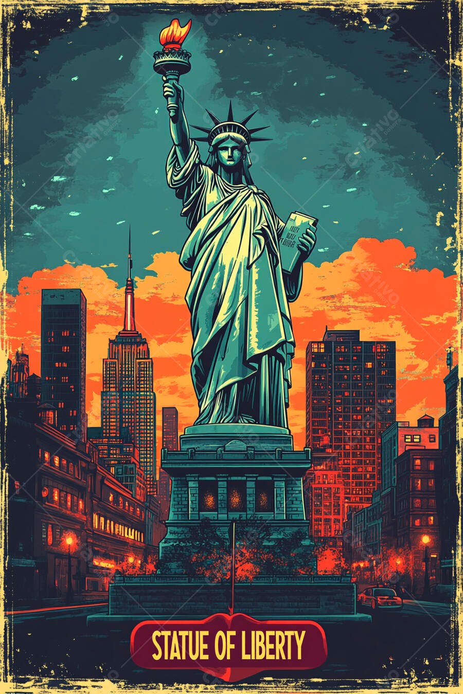 Estátua da Liberdade vintage com arranha-céus Nova York ao pôr do sol laranja