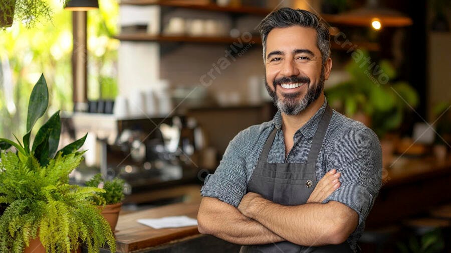 Homem barista sorrindo com barba grisalha em cafeteria moderna com plantas