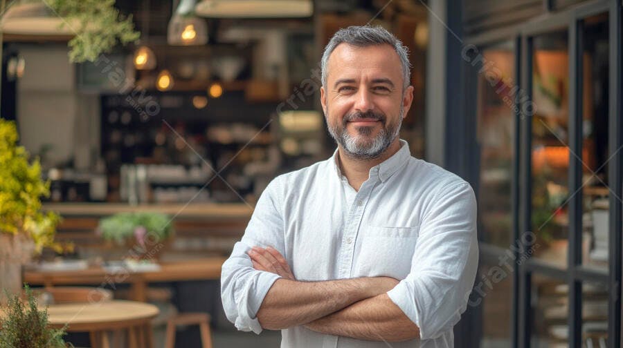 Homem caucasiano de camisa branca sorrindo em frente a um café