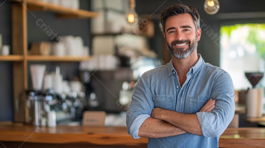 Homem sorridente com barba grisalha e camisa jeans azul em cafeteria