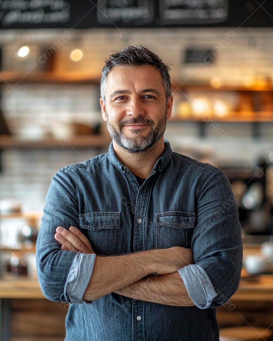 Homem de barba grisalha sorrindo em camisa jeans azul no café moderno