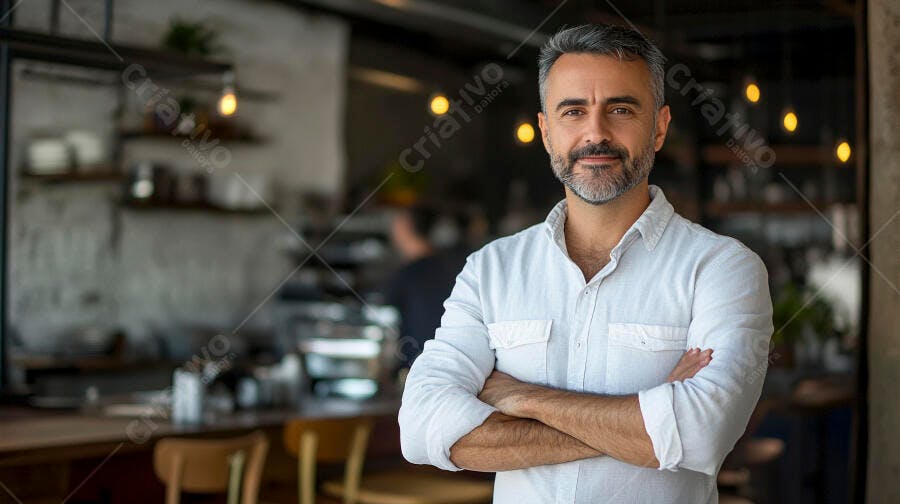 Homem caucasiano de camisa azul claro sorrindo em cafeteria moderna