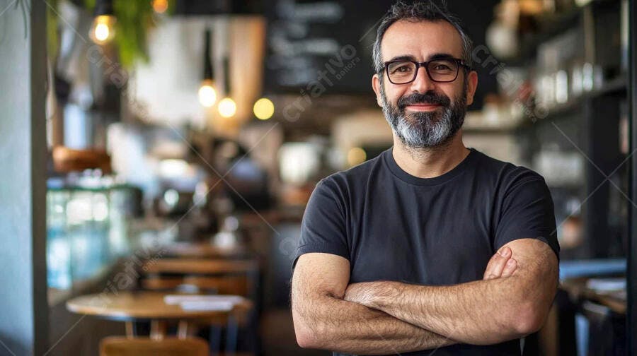 Homem barbudo de óculos sorrindo braços cruzados em café acolhedor