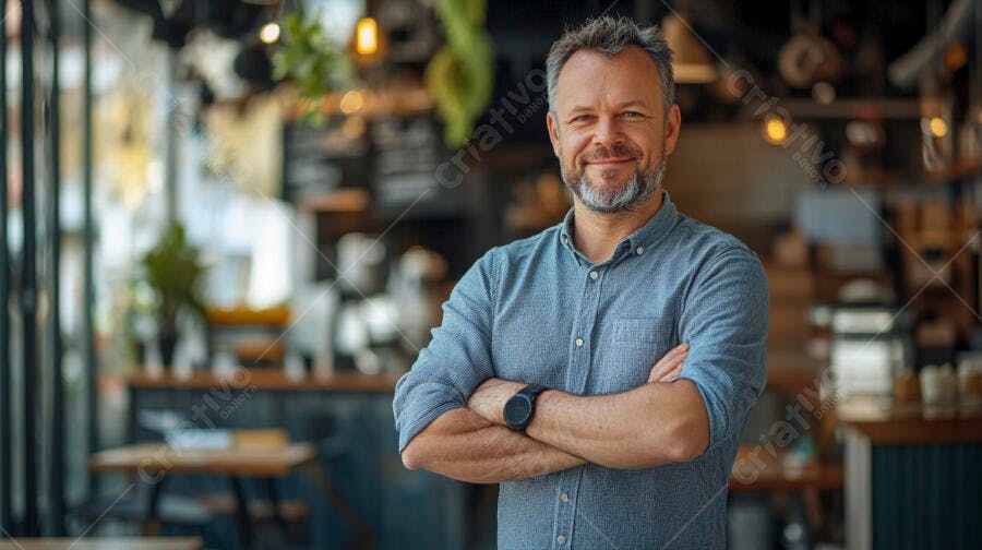 Homem empresário de camisa azul sorrindo em cafeteria moderna com braços cruzados