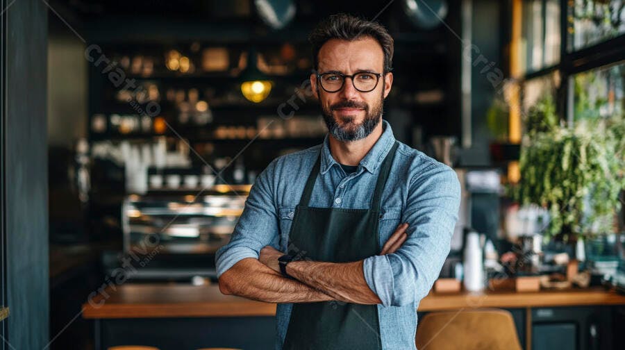 Homem barista sorridente com barba e óculos em cafeteria moderna