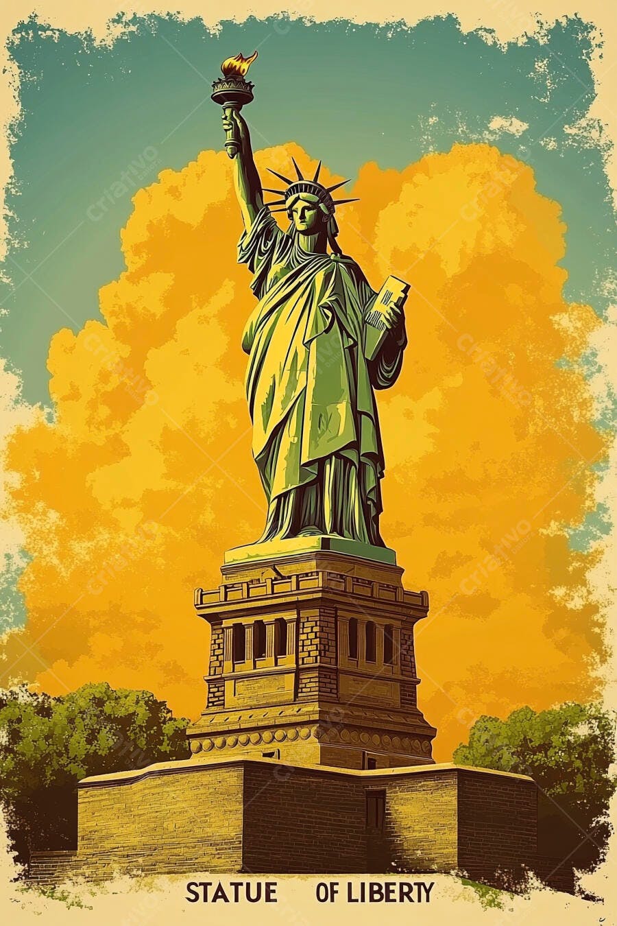 Estátua da Liberdade verde com tocha acesa e fundo amarelo azulado ilustração vintage