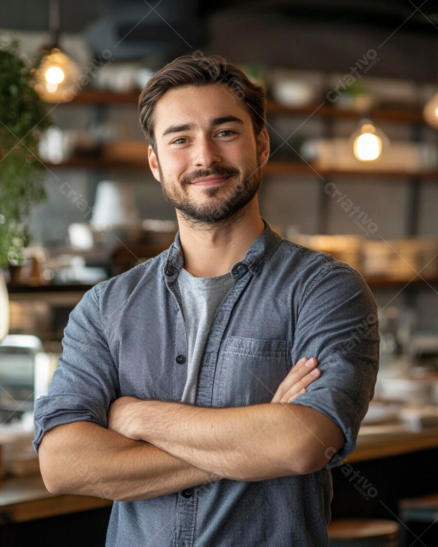 Homem jovem sorrindo com barba em cafeteria moderna e luzes quentes
