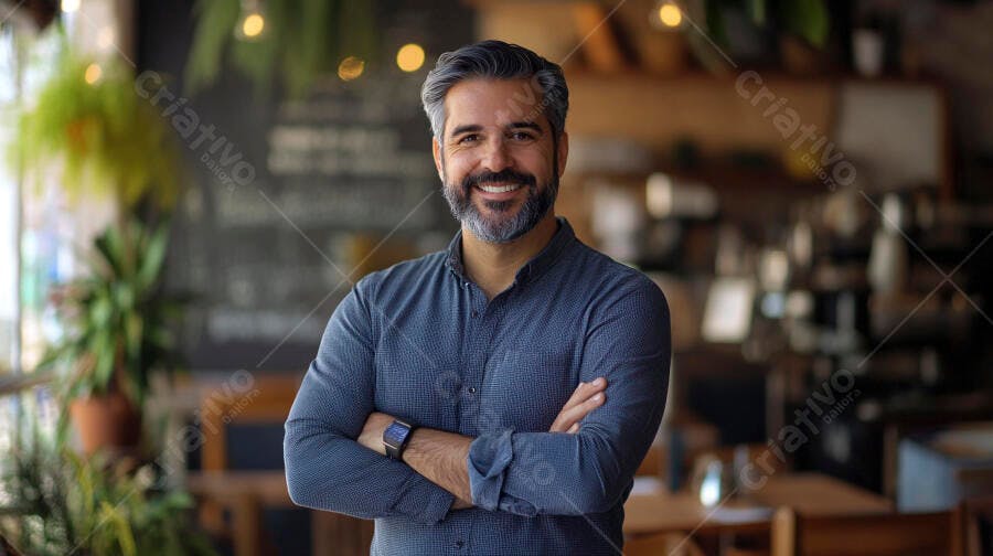 Homem latino sorrindo com barba grisalha e camisa azul em café moderno