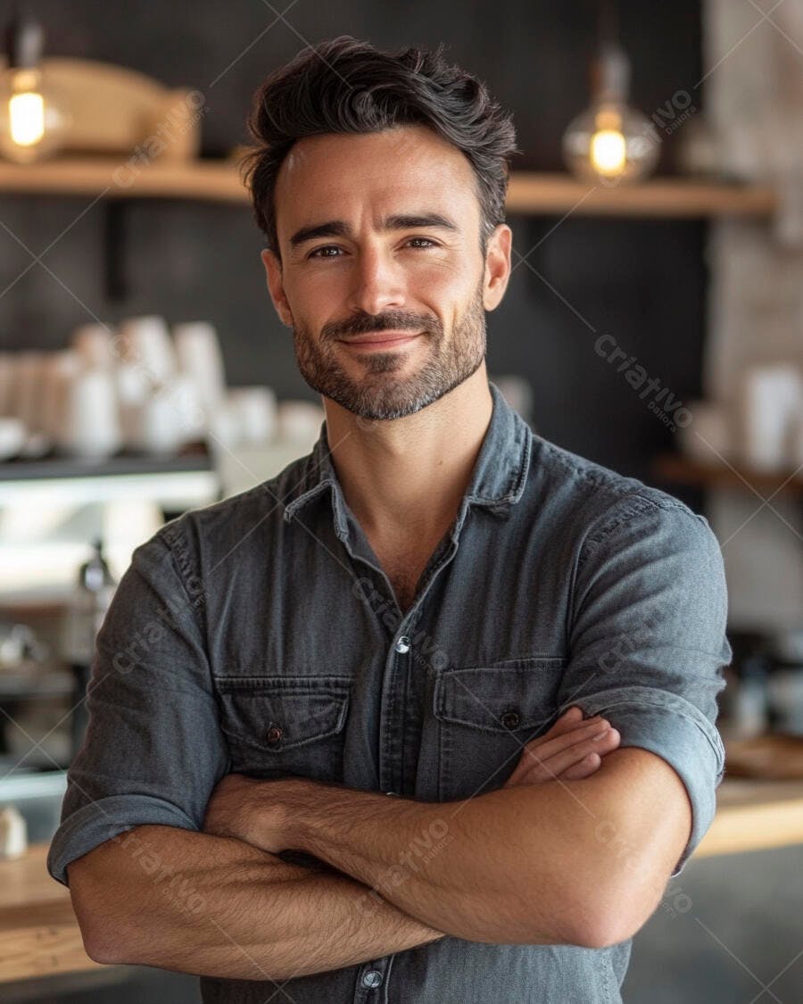 Homem caucasiano sorrindo com barba e camisa cinza em café moderno