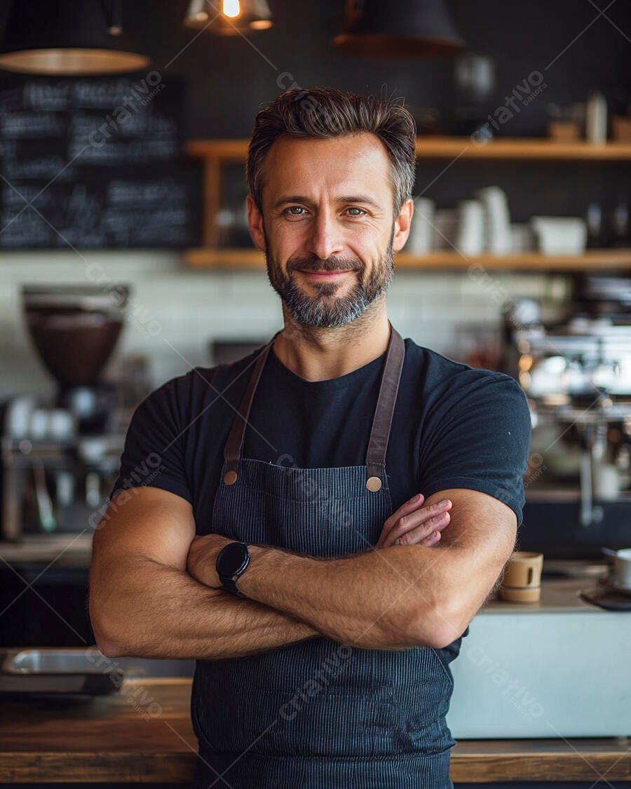 Barista homem sorrindo com barba e avental preto em cafeteria