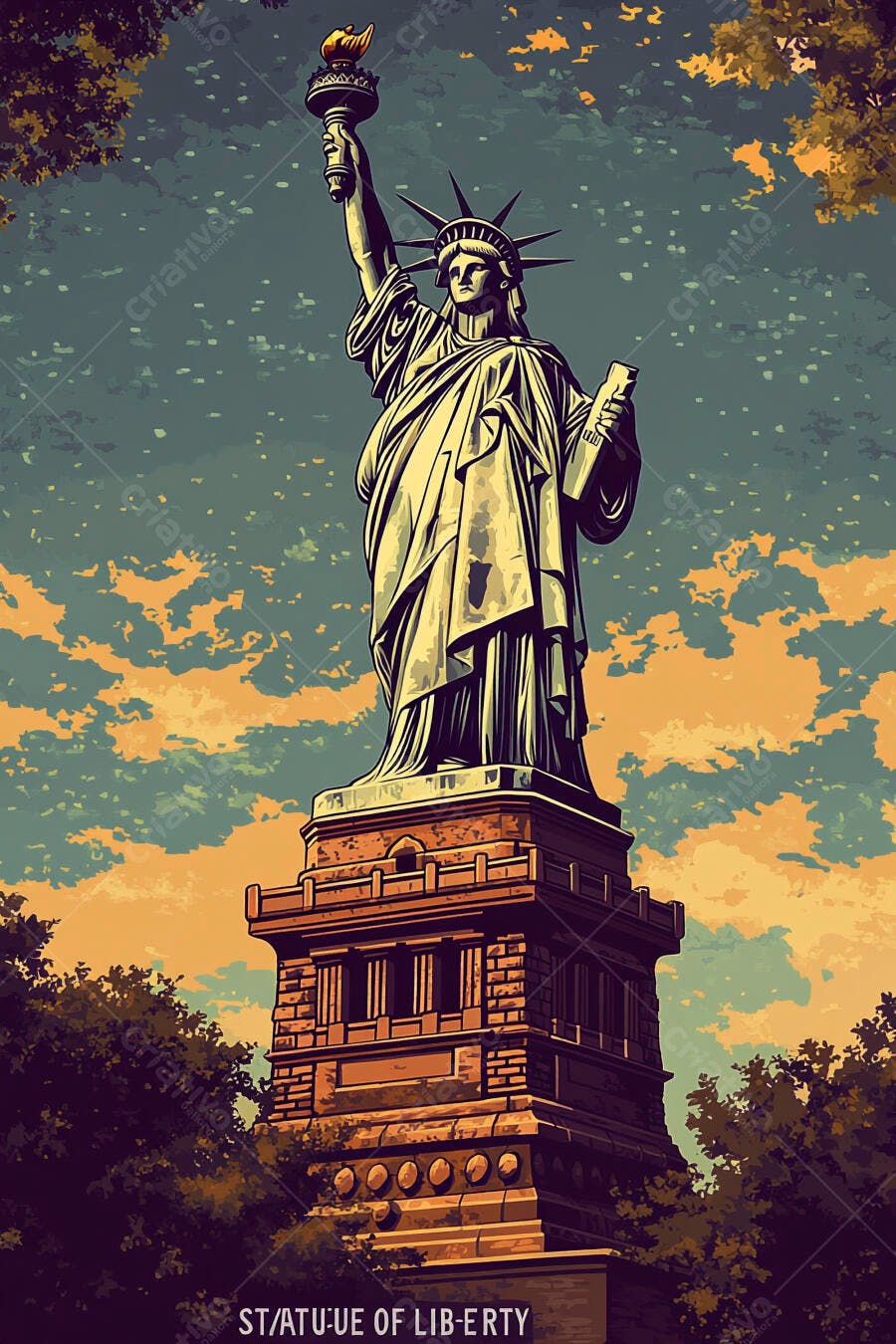 Estátua da Liberdade em Nova Iorque com tocha acesa céu alaranjado