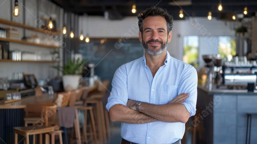 Dono de café maduro sorridente camisa azul clara em estabelecimento moderno
