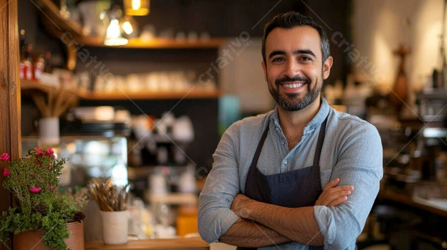Homem barista latino sorrindo confiante com braços cruzados dentro de cafeteria aconchegante