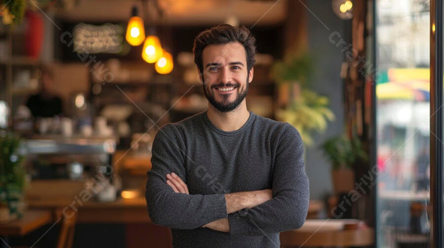 Homem feliz barbudo de suéter cinza em café moderno