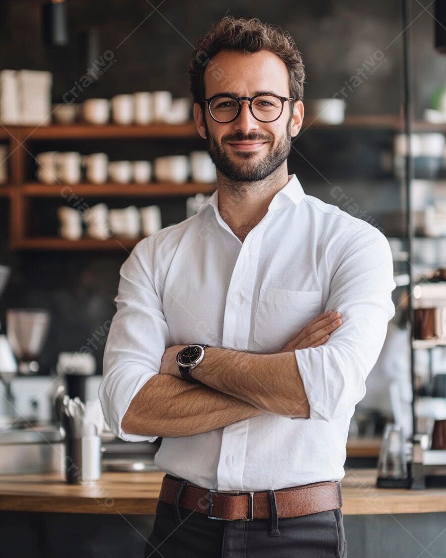 Homem barista sorridente de óculos e camisa branca em cafeteria moderna