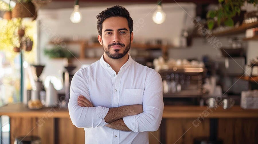 Homem barista sorrindo com braços cruzados em cafeteria moderna