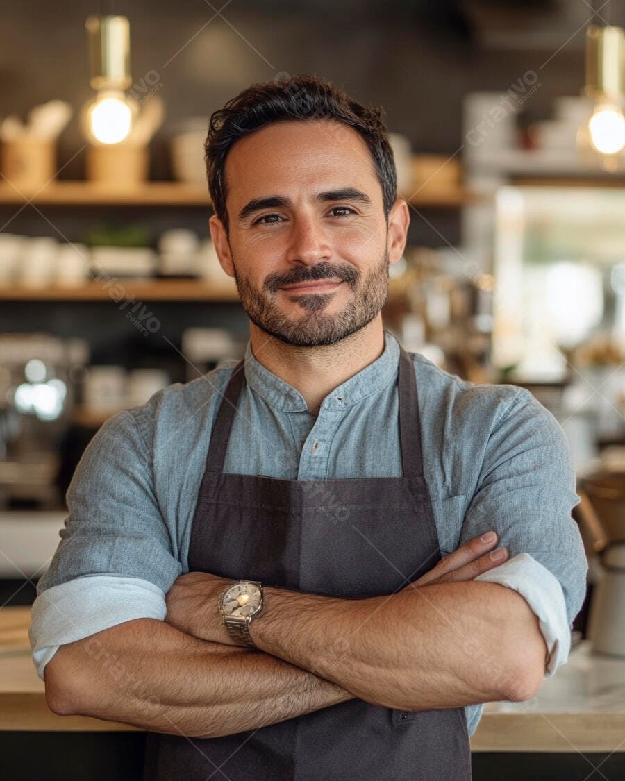 Jovem barista sorrindo com avental escuro em cafeteria moderna