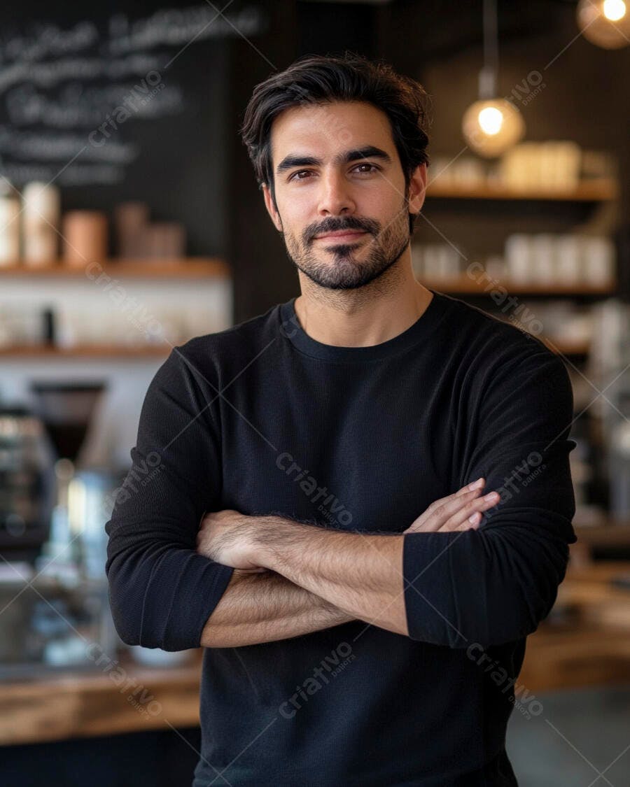 Homem barista sorrindo com braços cruzados em cafeteria moderna