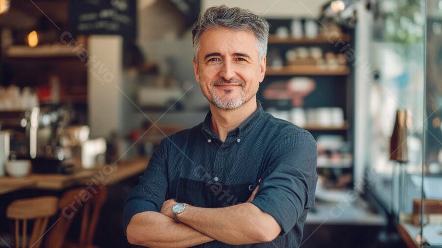 Homem empresário de cabelos grisalhos sorrindo com braços cruzados em cafeteria moderna