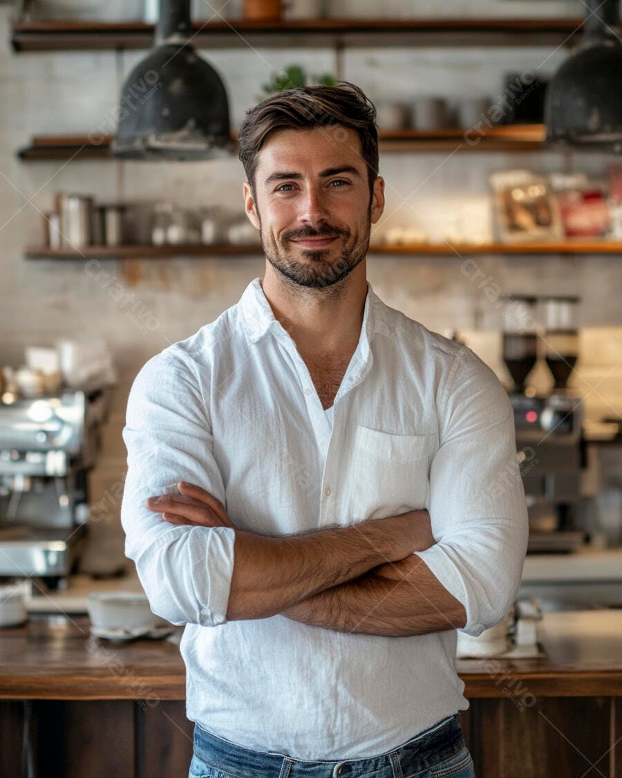 Homem de camisa branca barista sorrindo com braços cruzados na cafeteria moderna