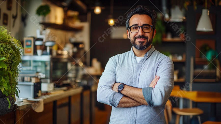 Empresário barbudo de óculos sorrindo em sua cafeteria moderna