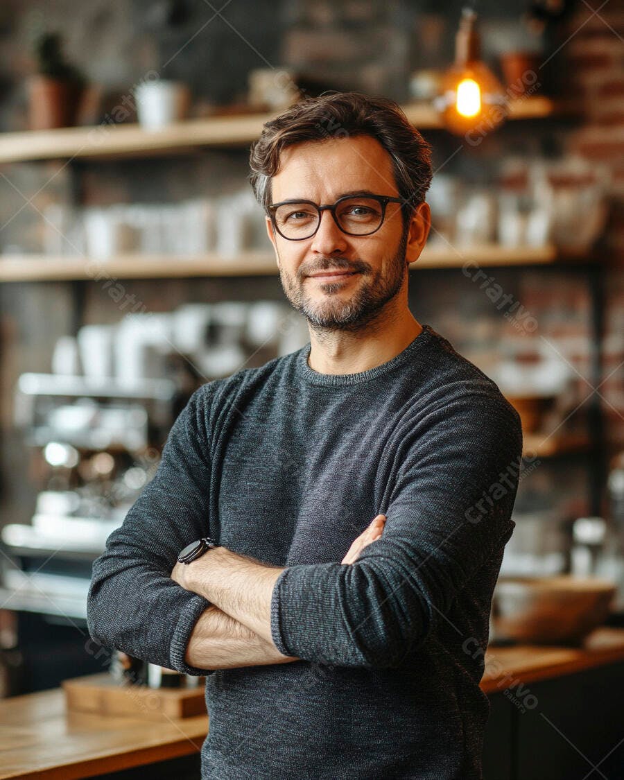 Homem de óculos sorrindo braços cruzados em cafeteria moderna rústica