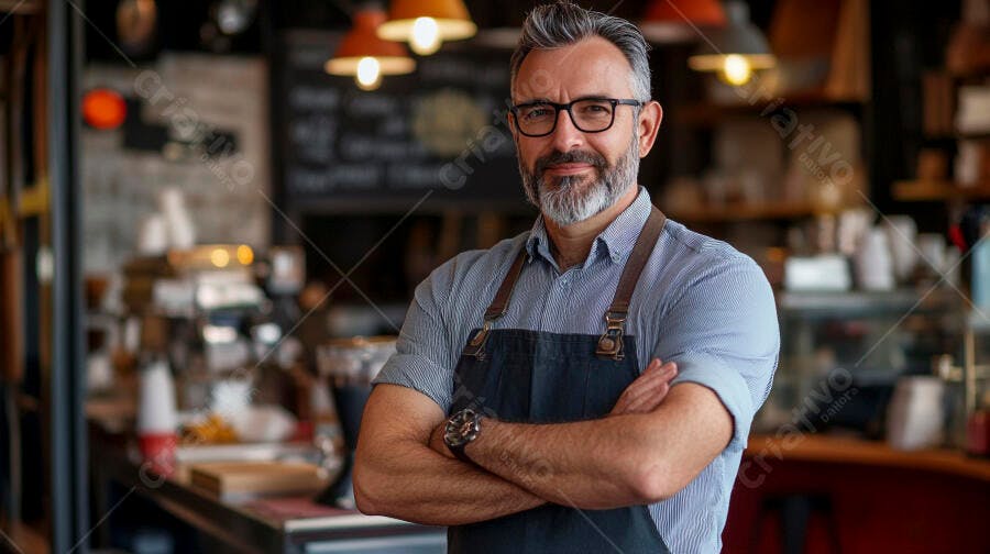 Homem barista grisalho sorrindo com avental em cafeteria moderna