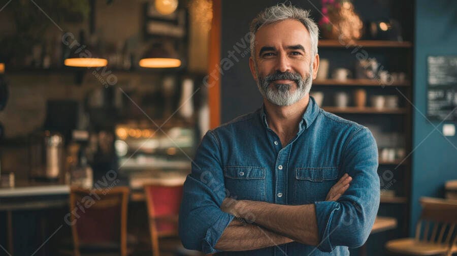 Homem de cabelos grisalhos sorrindo com braços cruzados em um café moderno