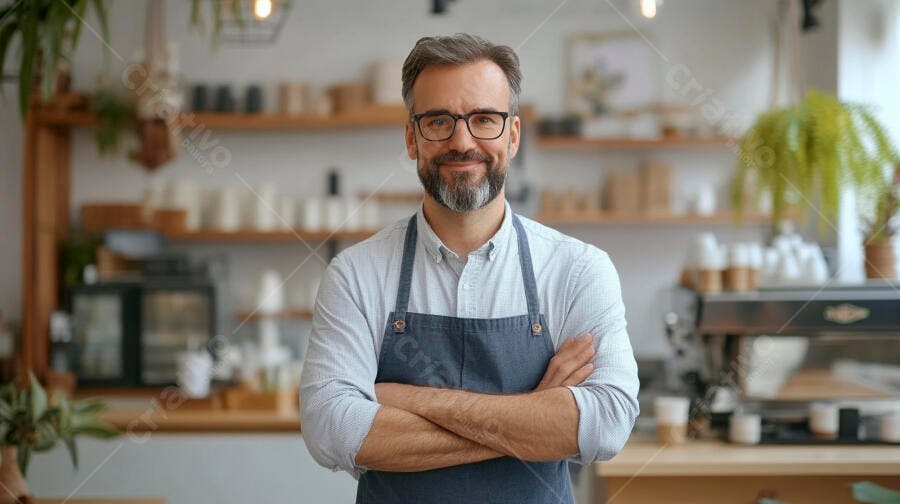 Homem barista de óculos e barba sorrindo em cafeteria moderna com avental azul