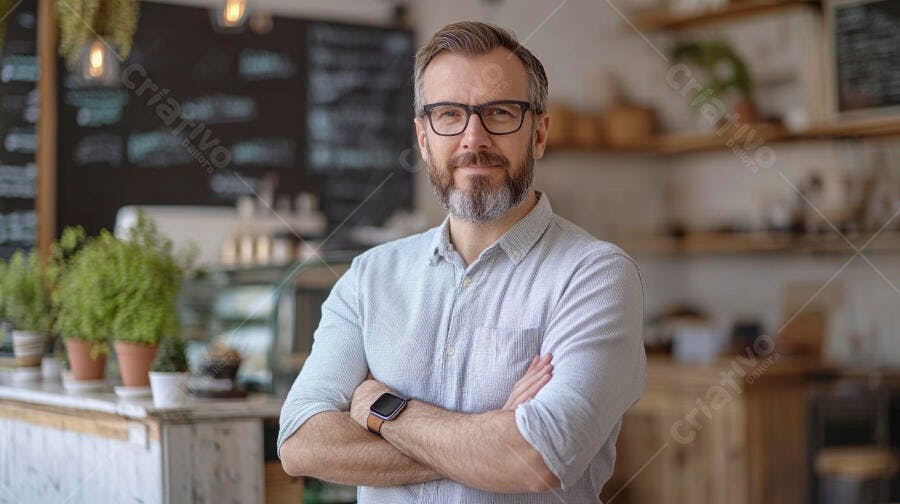 Dono de cafeteria homem sorrindo com barba óculos em ambiente moderno