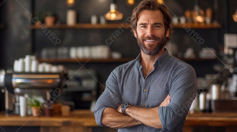 Homem caucasiano sorrindo com barba em camisa azul na cafeteria moderna